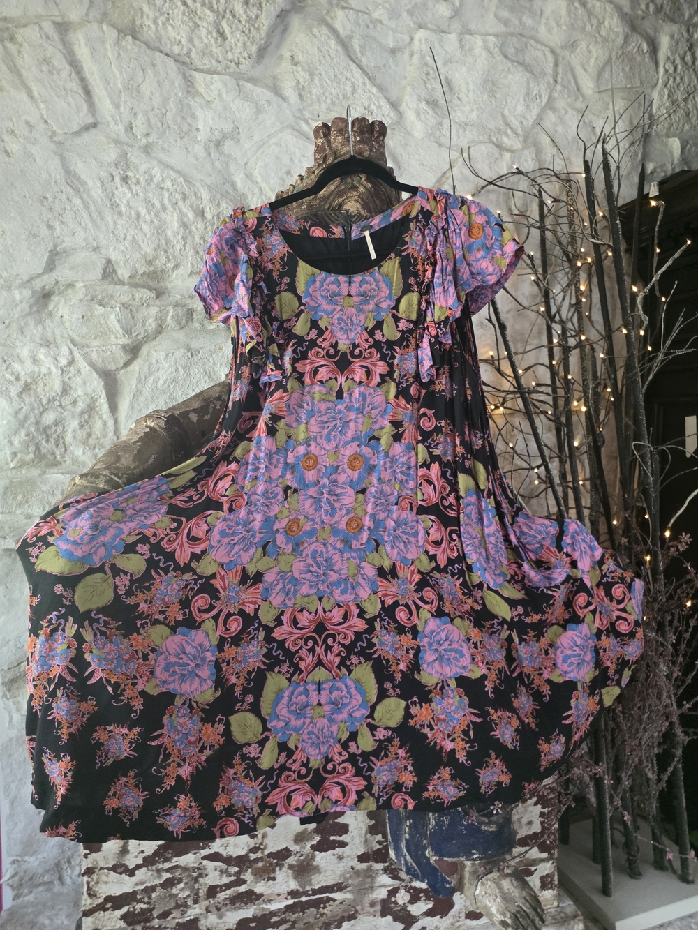 Free People Black Flowers Floral Swing Dress with Pink & Blue Flowers - Picture 9 of 11